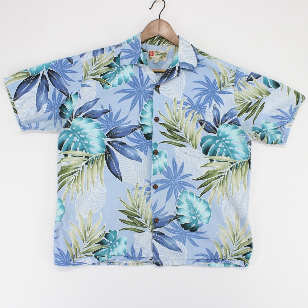Hilo Hattie Hawaiian Shirt Mens L Light Blue Floral Tropical Short Sleeve Aloha